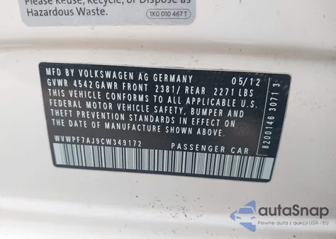 2012 Volkswagen Golf R 4-Door from USA, damaged, VIN WVWPF7AJ9CW349172